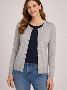 Lands End Women’s Large Gray Speckled Cardigan Button Front Cotton Blend Sweater
